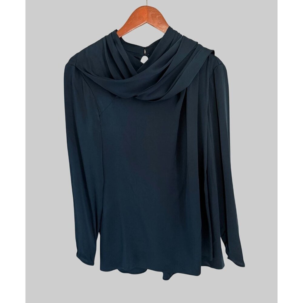 MM.LaFleur Navy Silk Blend Drape Neck Long Sleeve Blouse S